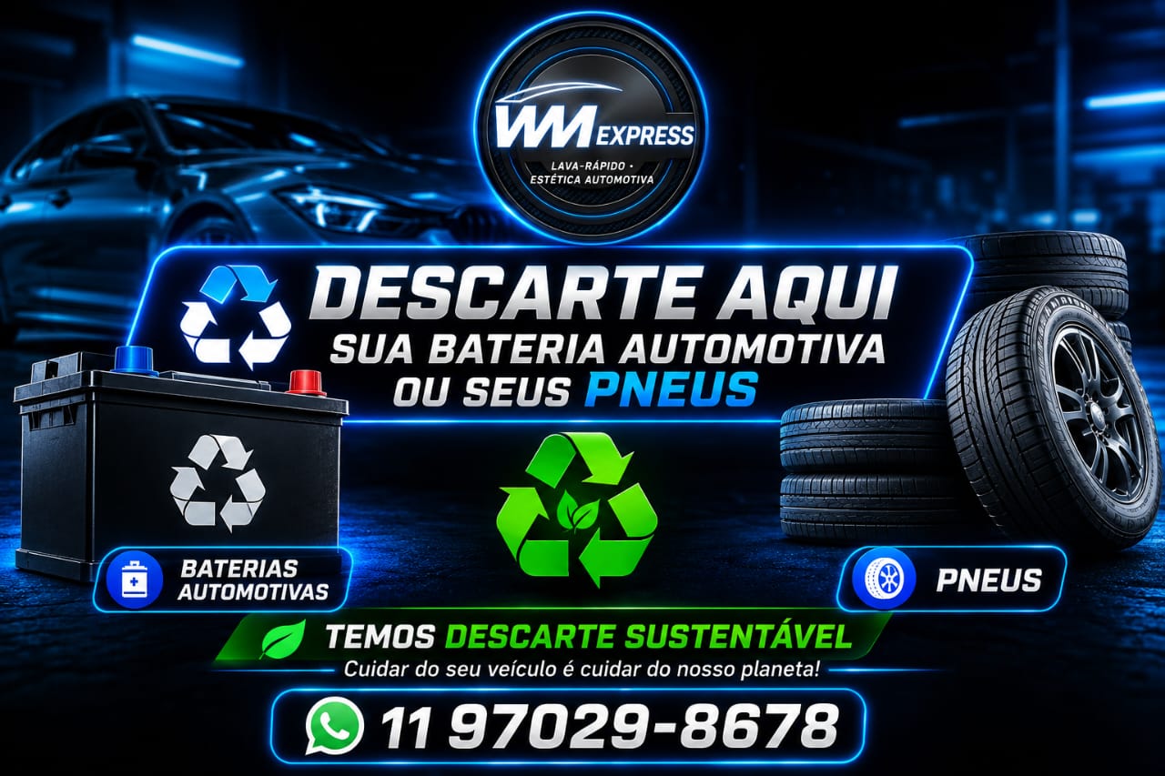 Banner de descarte sustentável da WM Express - descarte de baterias automotivas e pneus